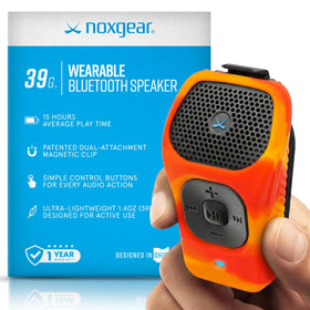 Noxgear 39g wearable speaker clipped to a backpack for hands-free music on the go