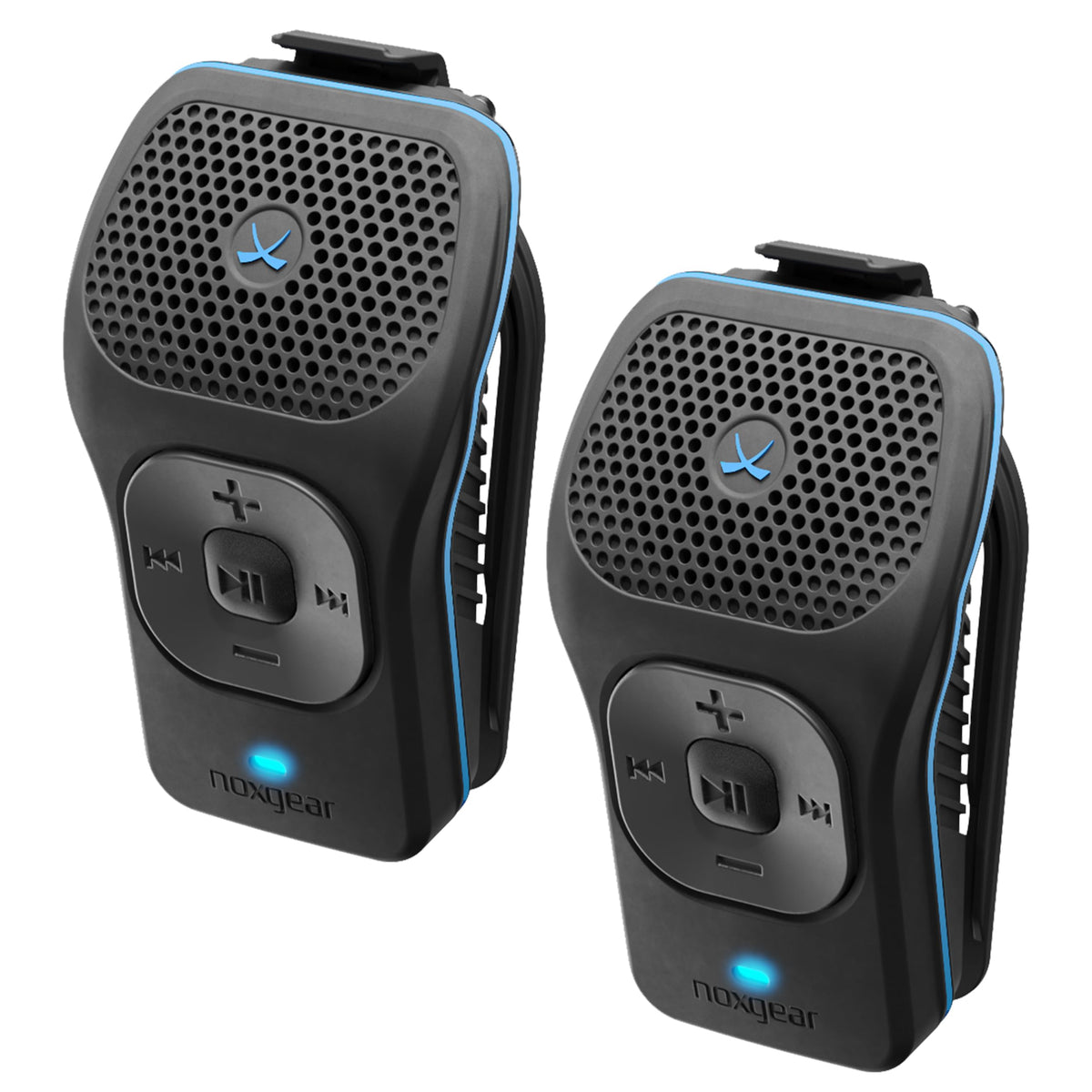 Noxgear 39g wearable bluetooth speaker clipped to a jacket, open-ear sound on the go
