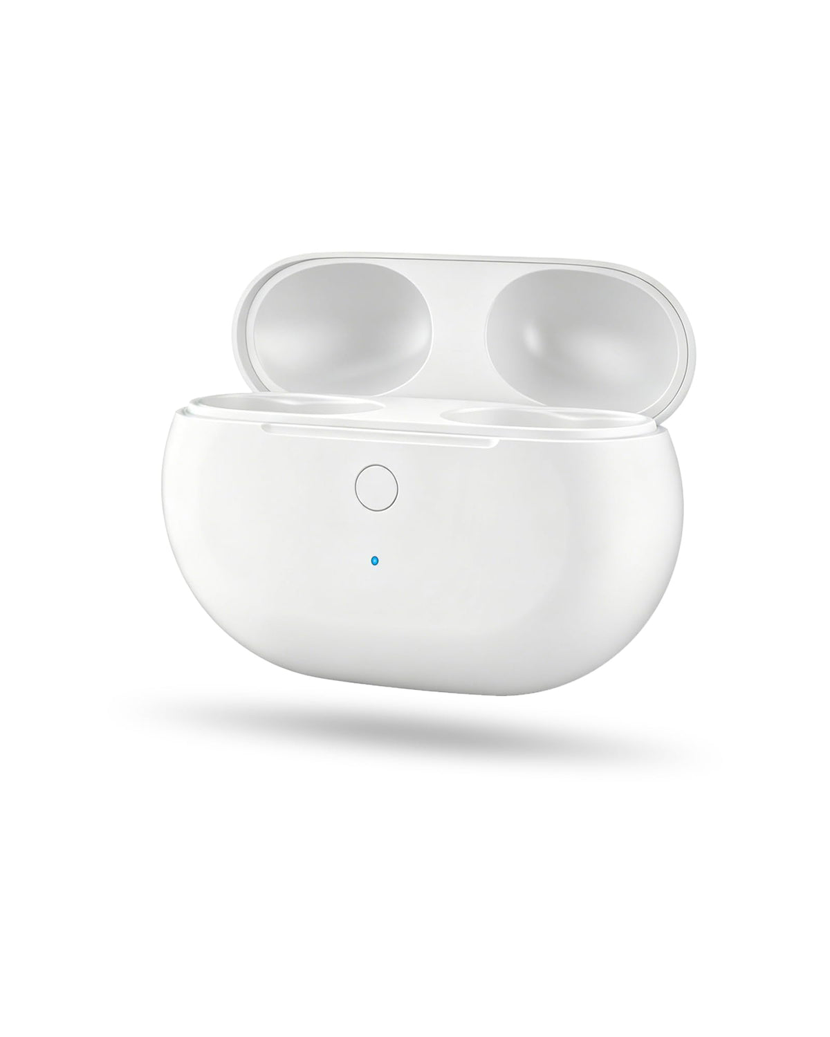 NPYXBR charging case front open showing earbuds slots and fast charging benefit
