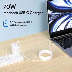 Magnetic T-Tip connector guiding a MacBook connection securely.