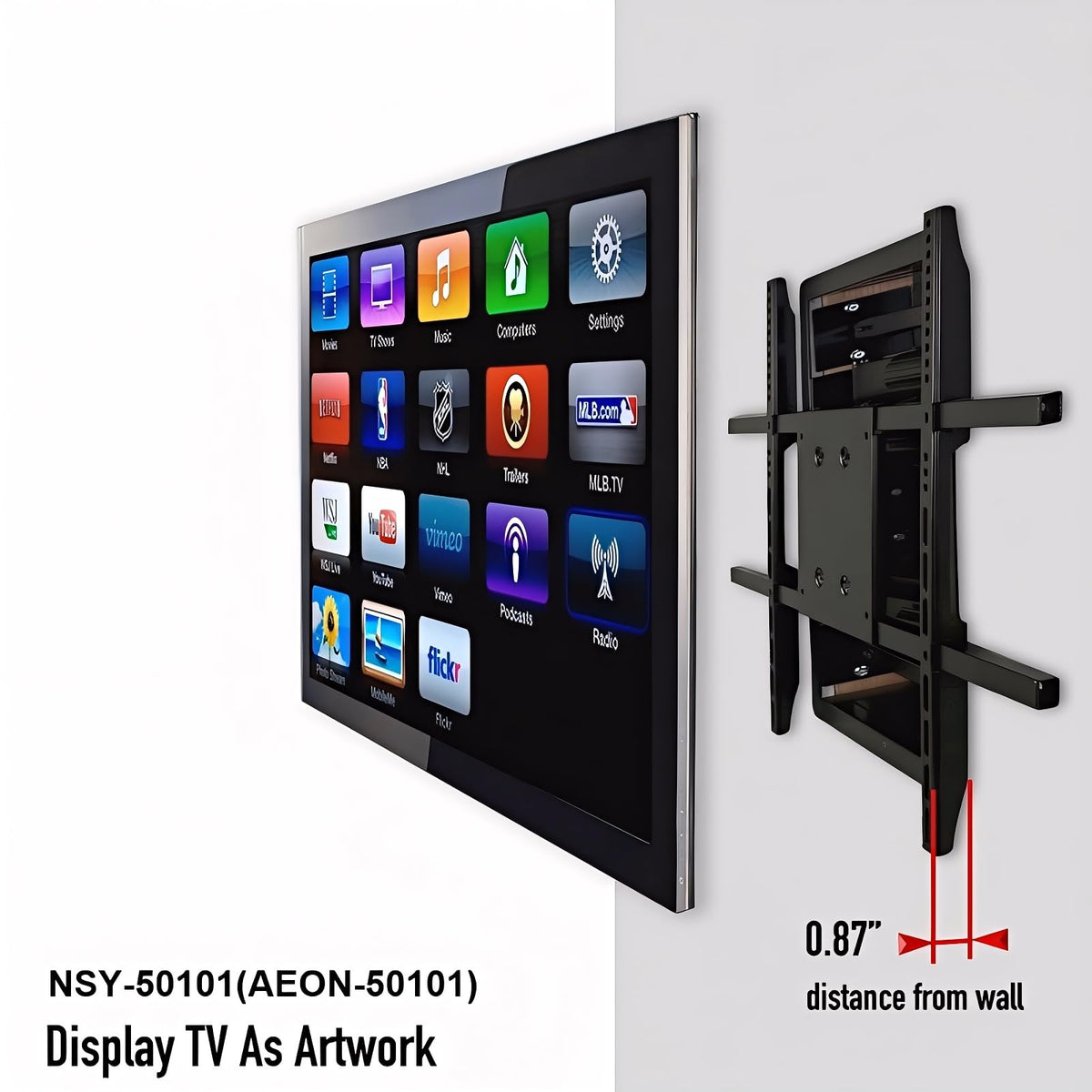 NSY Audio recessed wall mount fully extended demonstrates maximum viewing flexibility.