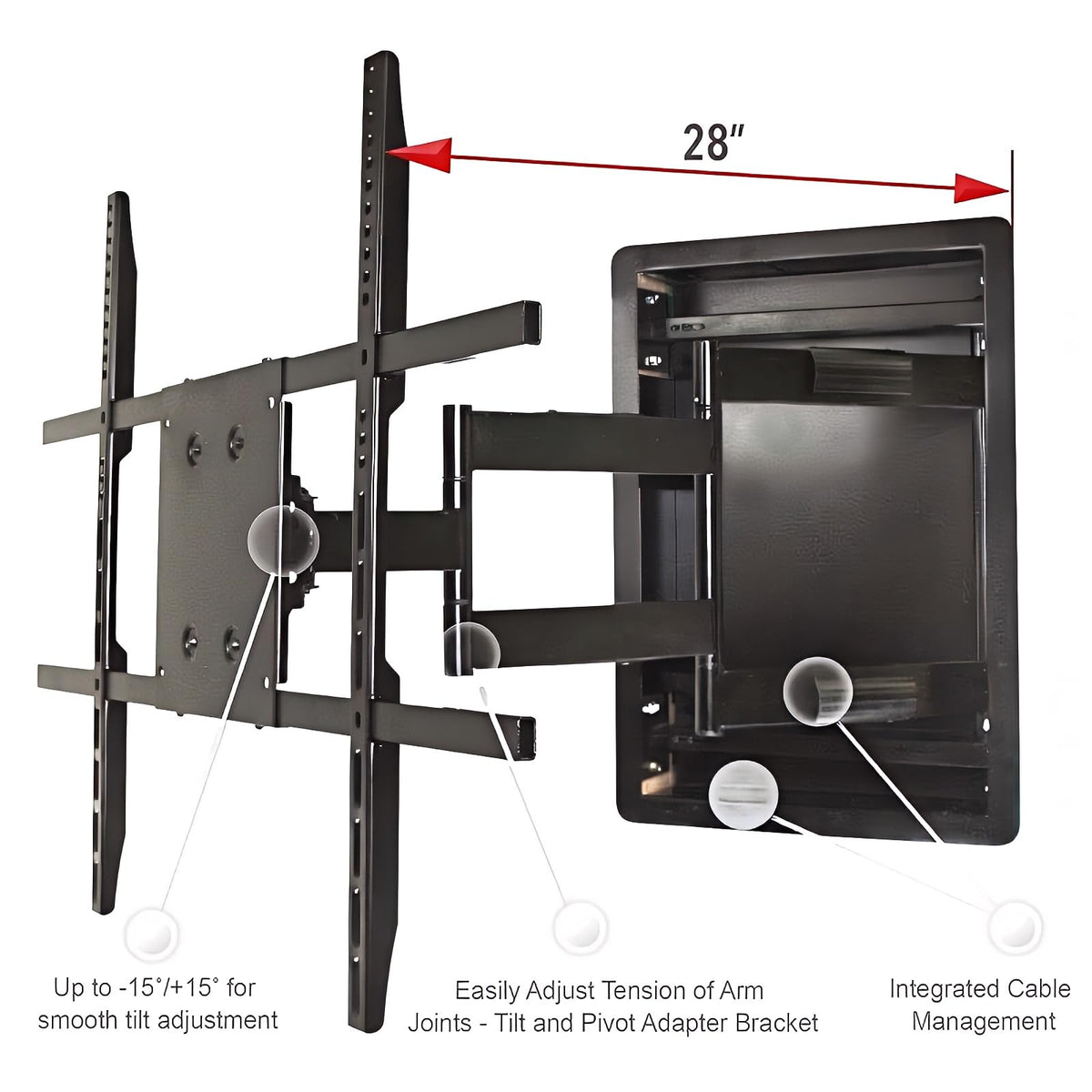 NSY Audio recessed wall mount side angle highlights extended 28-inch reach.