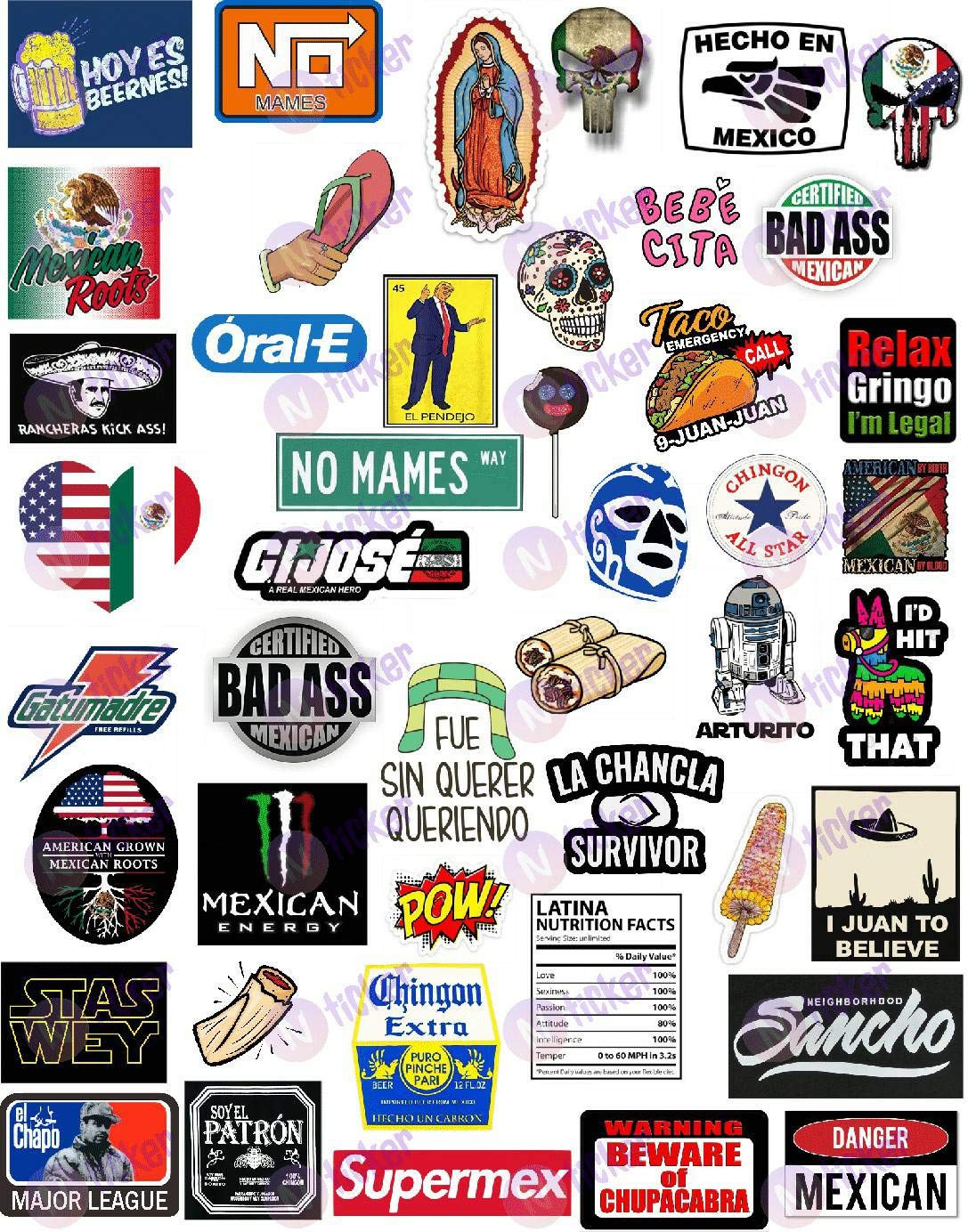 NTICKER 42 Mexican stickers set shown for laptop, car bumper, and water bottle, weatherproof and durable