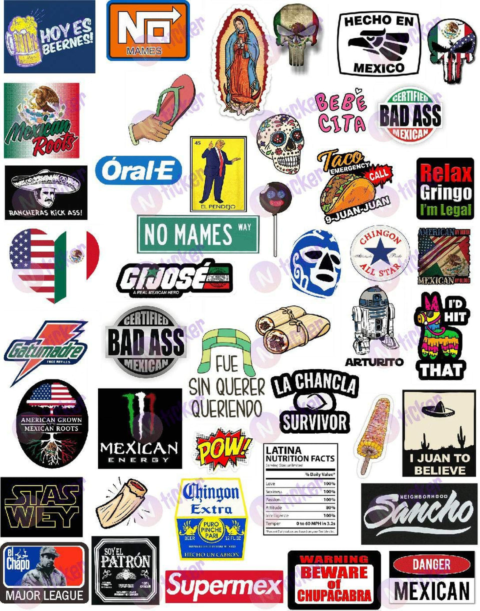 NTICKER 42 Mexican stickers set shown for laptop, car bumper, and water bottle, weatherproof and durable