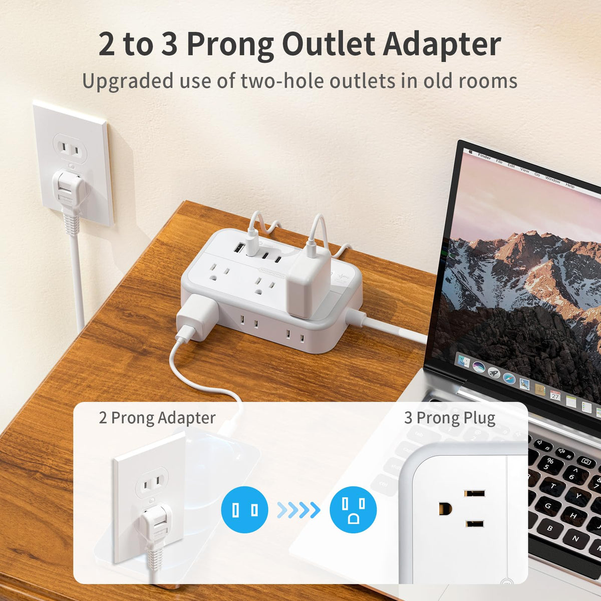 NTONPOWER 10-in-1 outlet with six AC ports and four USB ports powering multiple devices.