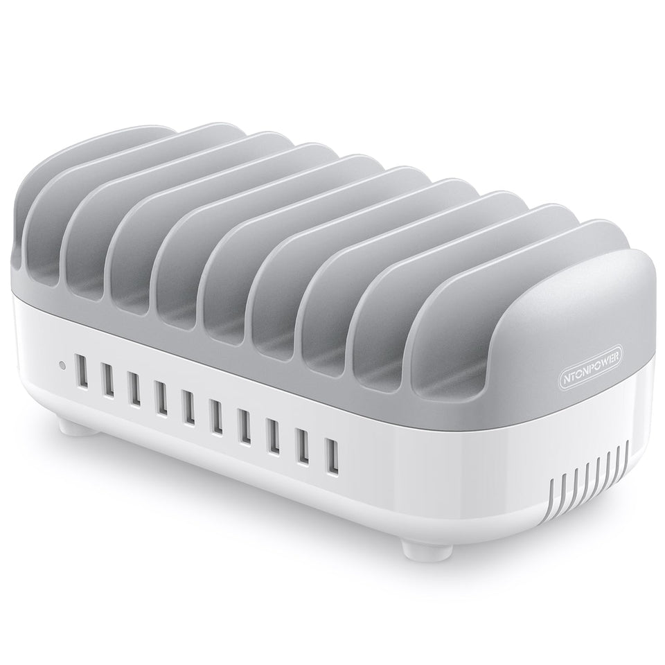 NTONPOWER 10-port charging station front view keeps devices organized on a tidy desk.