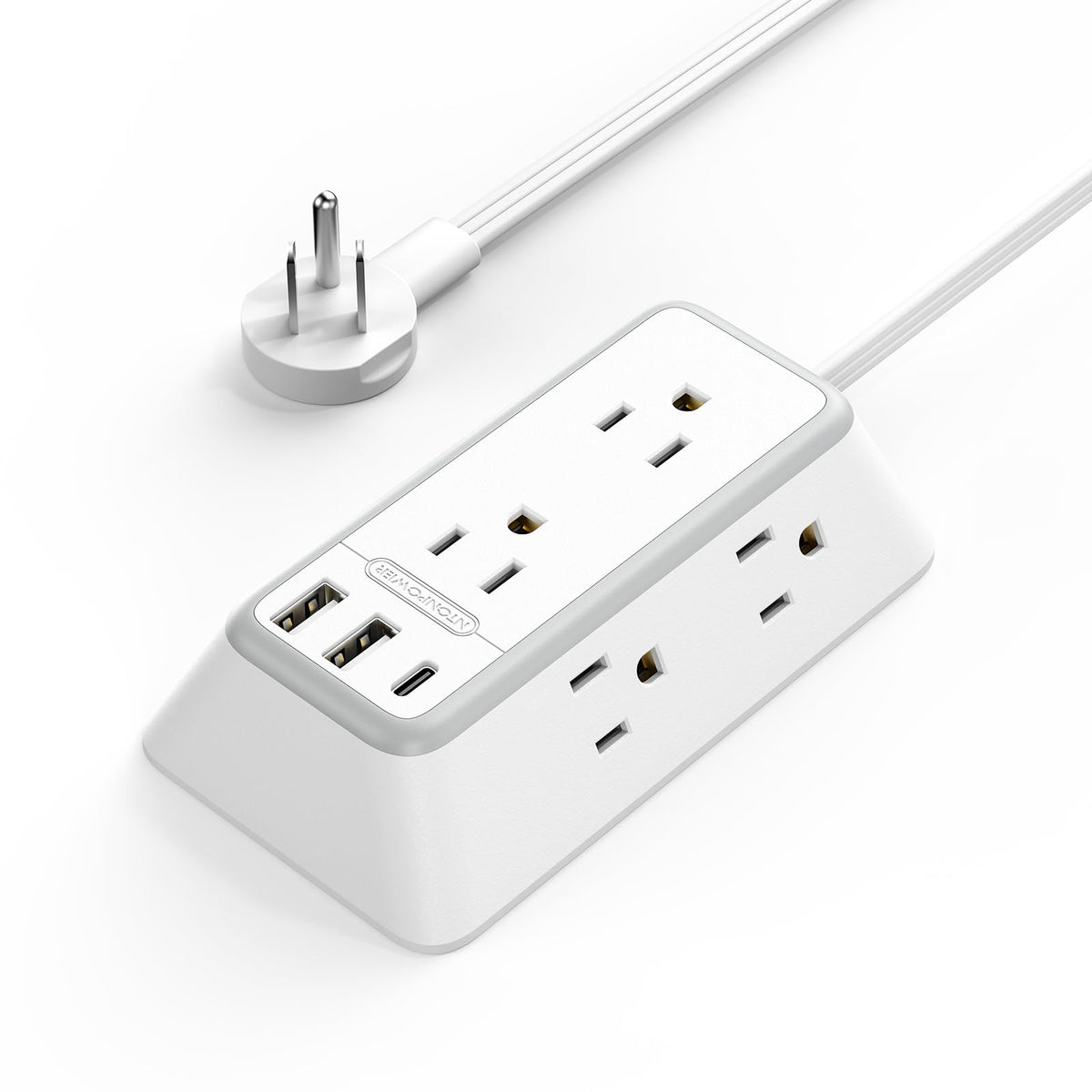 NTONPOWER 10 ft extension cord powers multiple devices at a desk.