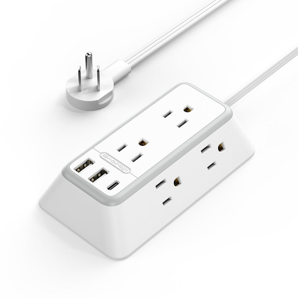 NTONPOWER 10 ft extension cord powers multiple devices at a desk.