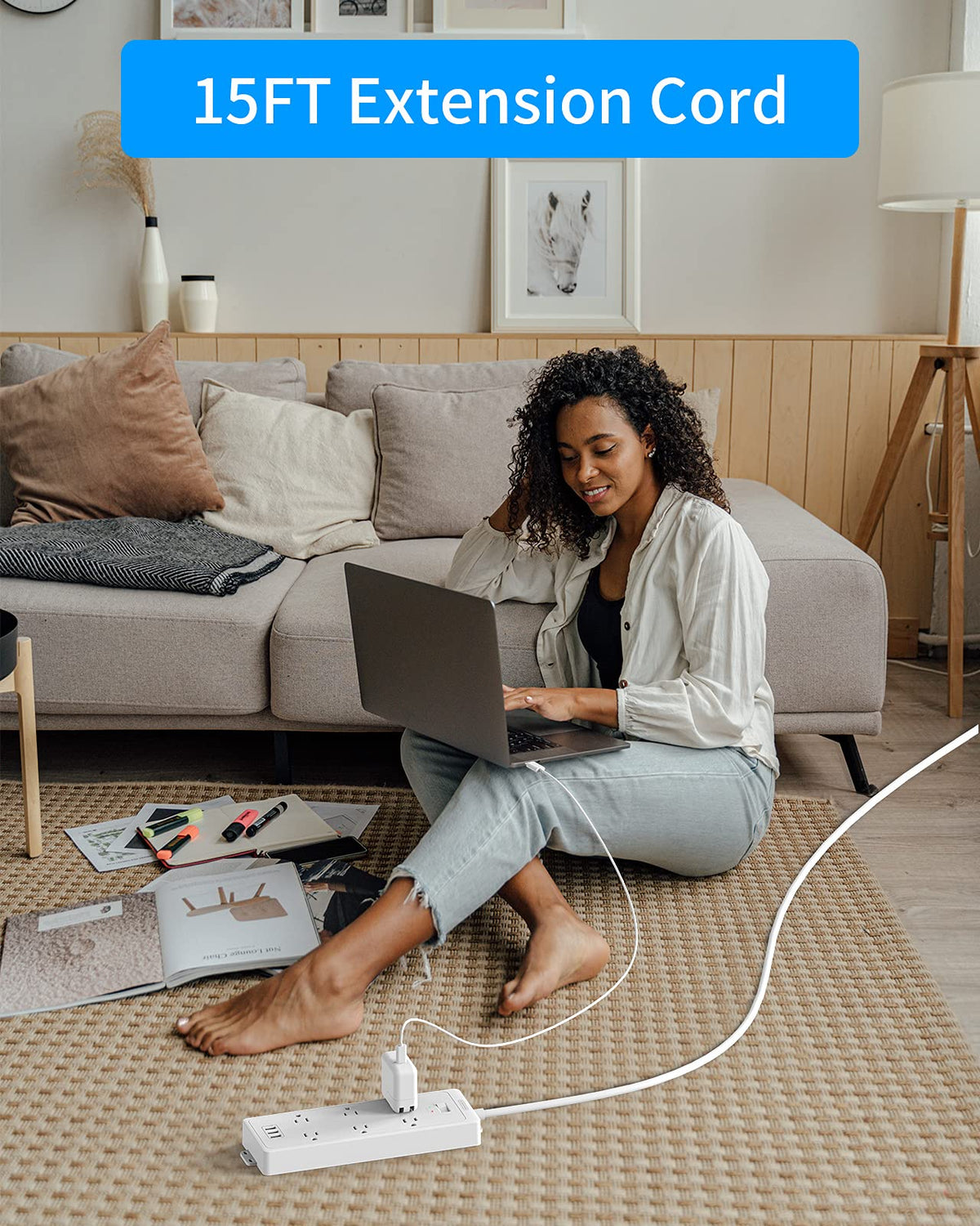 NTONPOWER 15 ft extension cord reaching distant outlets