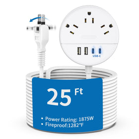 NTONPOWER 25 ft extension cord view showing reach and plug orientation for versatile placement.