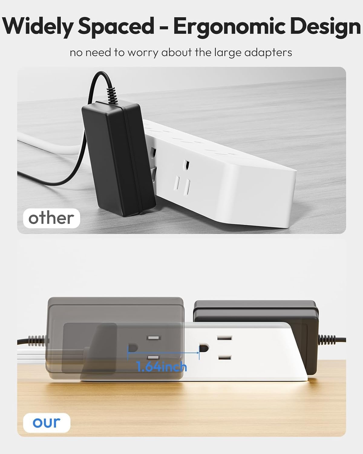 NTONPOWER 3-sided design enables easy access for large adapters.