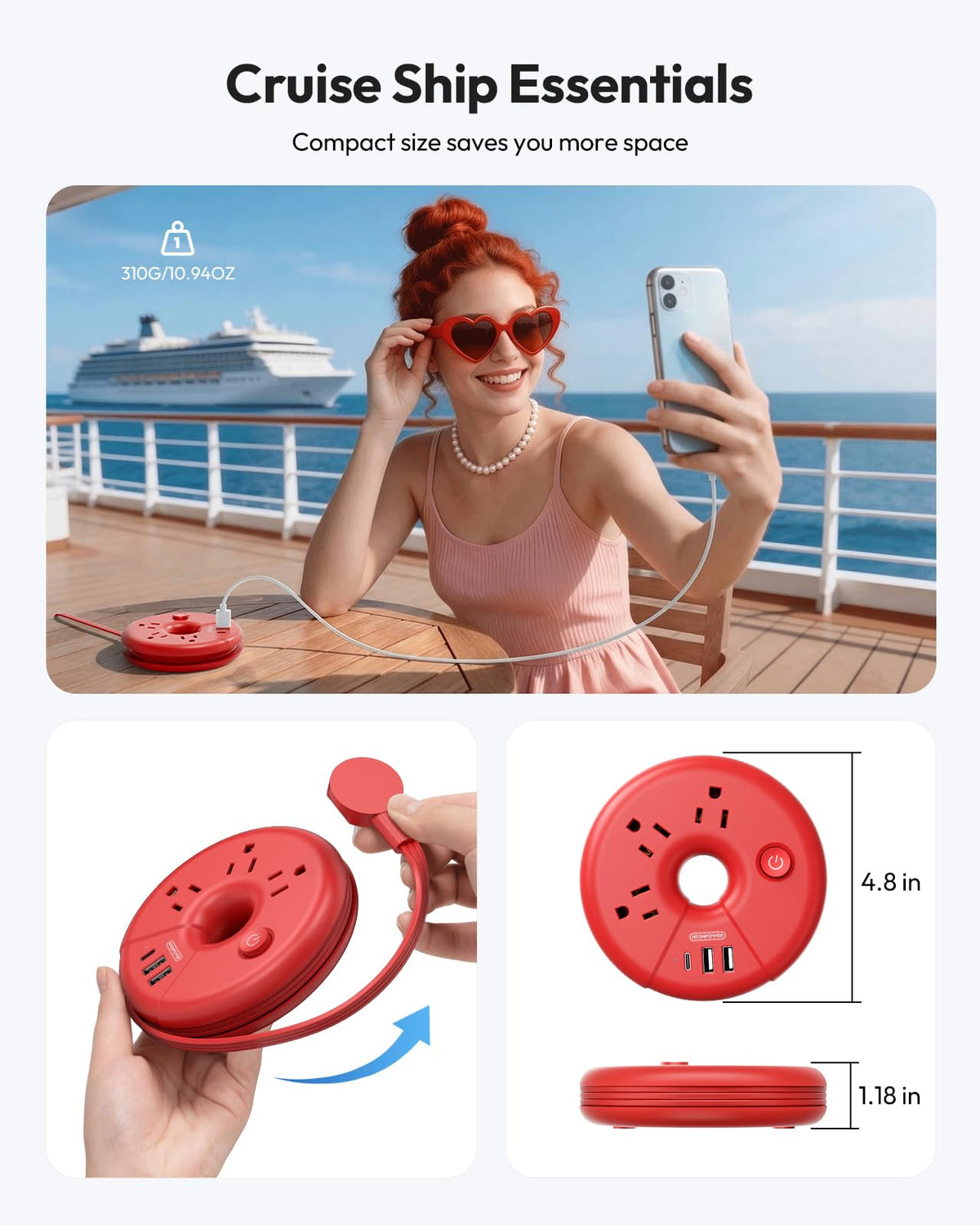 NTONPOWER 3ft short extension cord keeps cables tidy during travel.