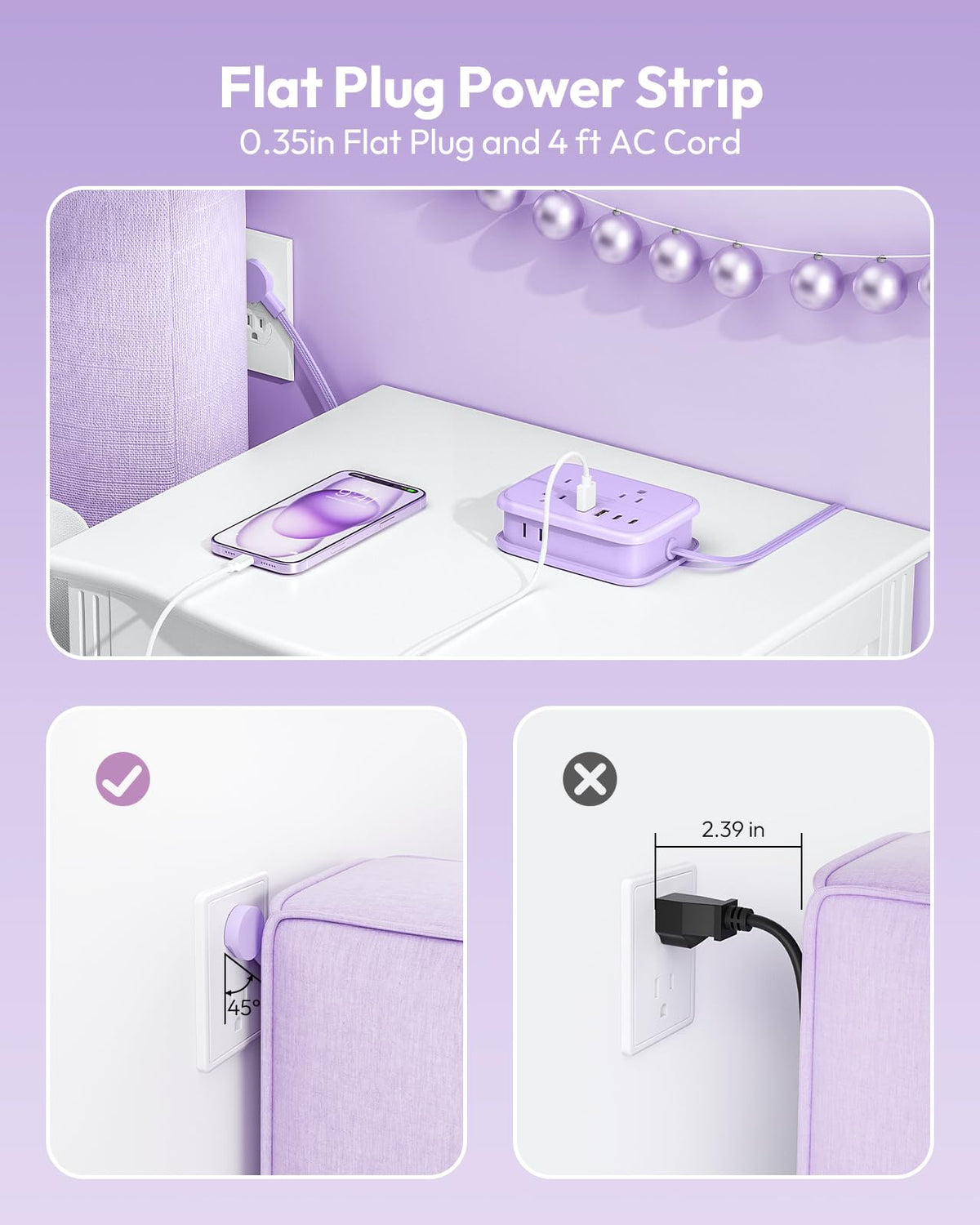 45-degree wall plug keeps outlets flush and accessible.