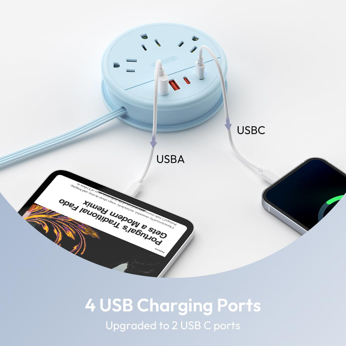 NTONPOWER 4ft wrap-around cord neatly coiled for compact travel storage.