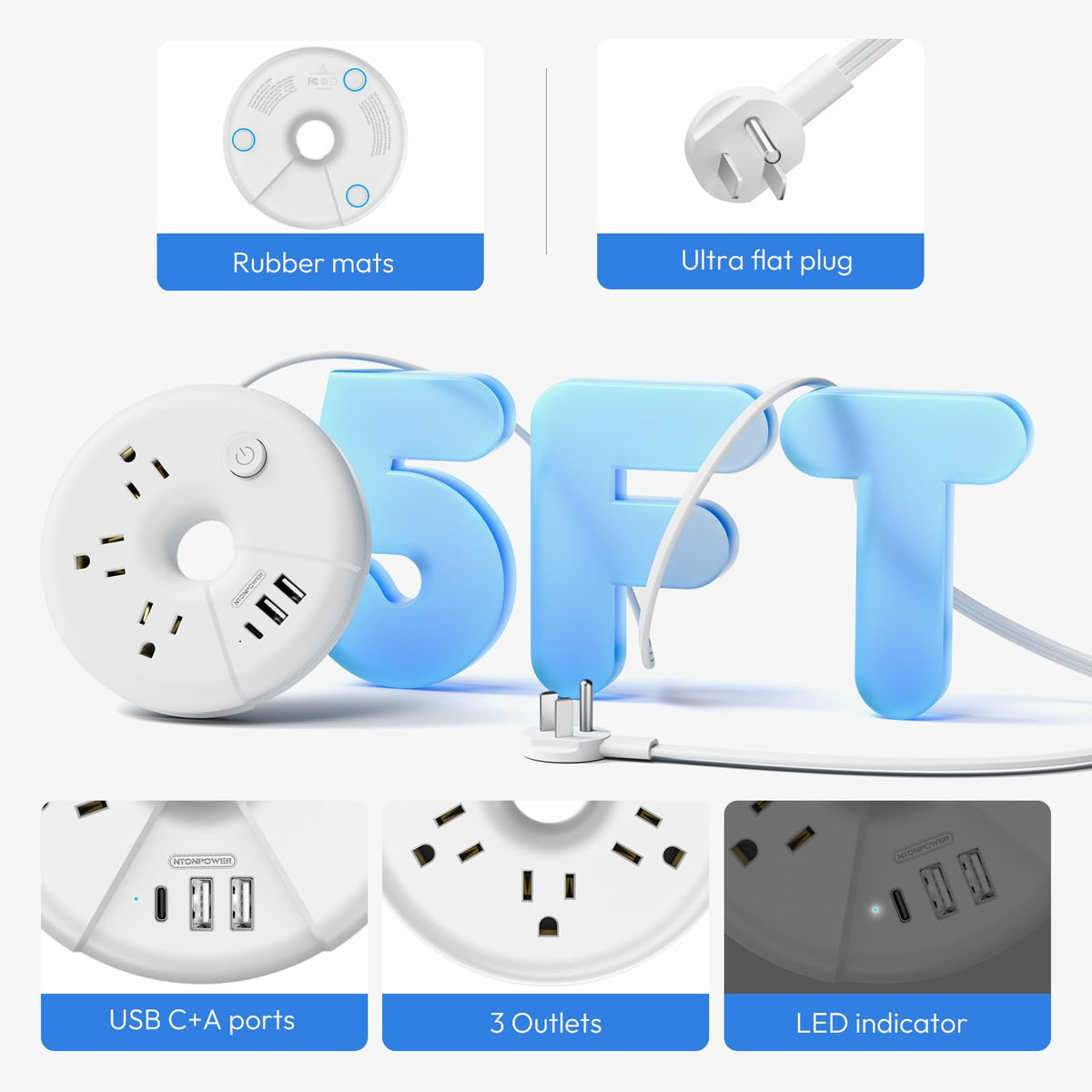 NTONPOWER 5 ft extension cord ideal for desks, dorms, or travel setups