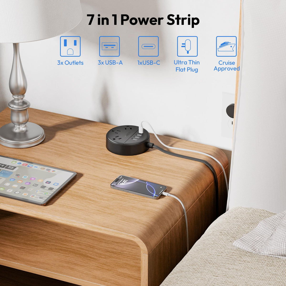 NTONPOWER 5ft extension cord reaches hard-to-reach outlets in travel.