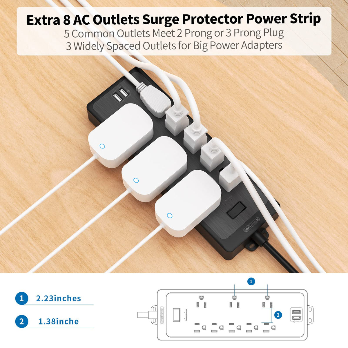 NTONPOWER eight-outlet surge protector helps keep devices organized and within reach.