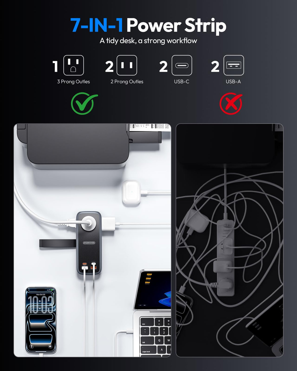 NTONPOWER AC outlets and label showing compatibility and safe layout