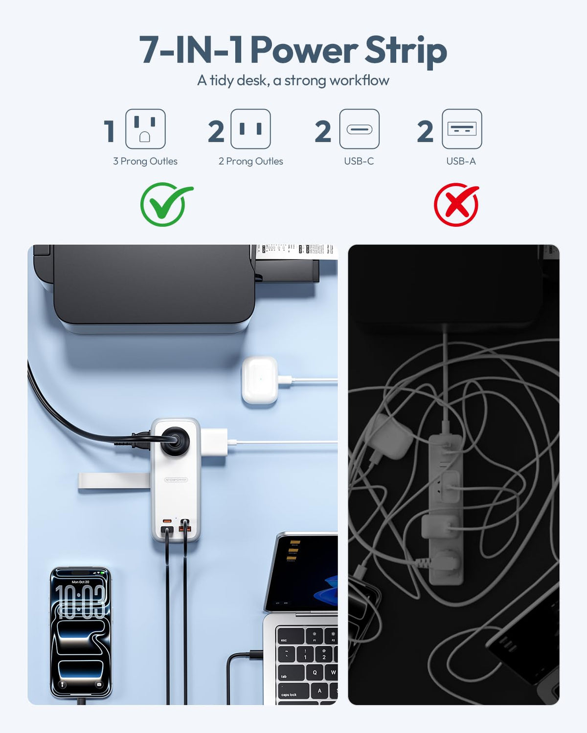 NTONPOWER three AC outlets and port labels offering clear device compatibility