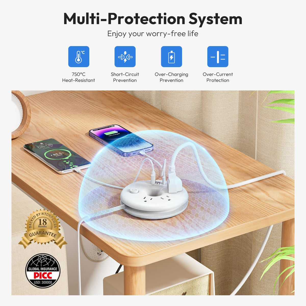 NTONPOWER compact strip beside bed for bedside charging and organization
