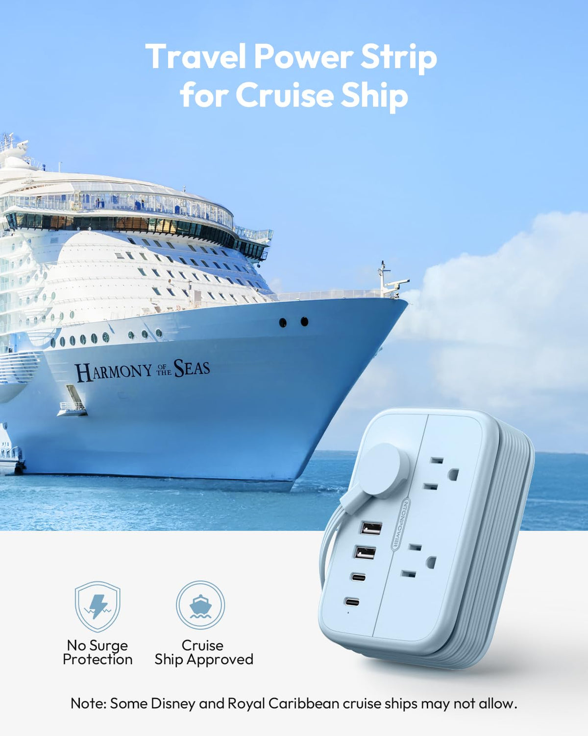 Blue compact travel power strip ideal for hotel rooms and dorm desks.