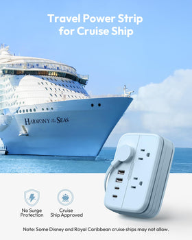 Blue compact travel power strip ideal for hotel rooms and dorm desks.