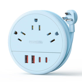 NTONPOWER blue travel power strip with 3 outlets and USB ports for multi-device charging on the go.
