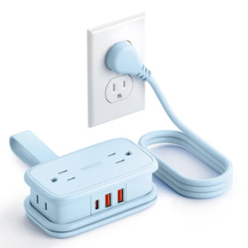 NTONPOWER blue travel power strip front view highlighting compact travel design.