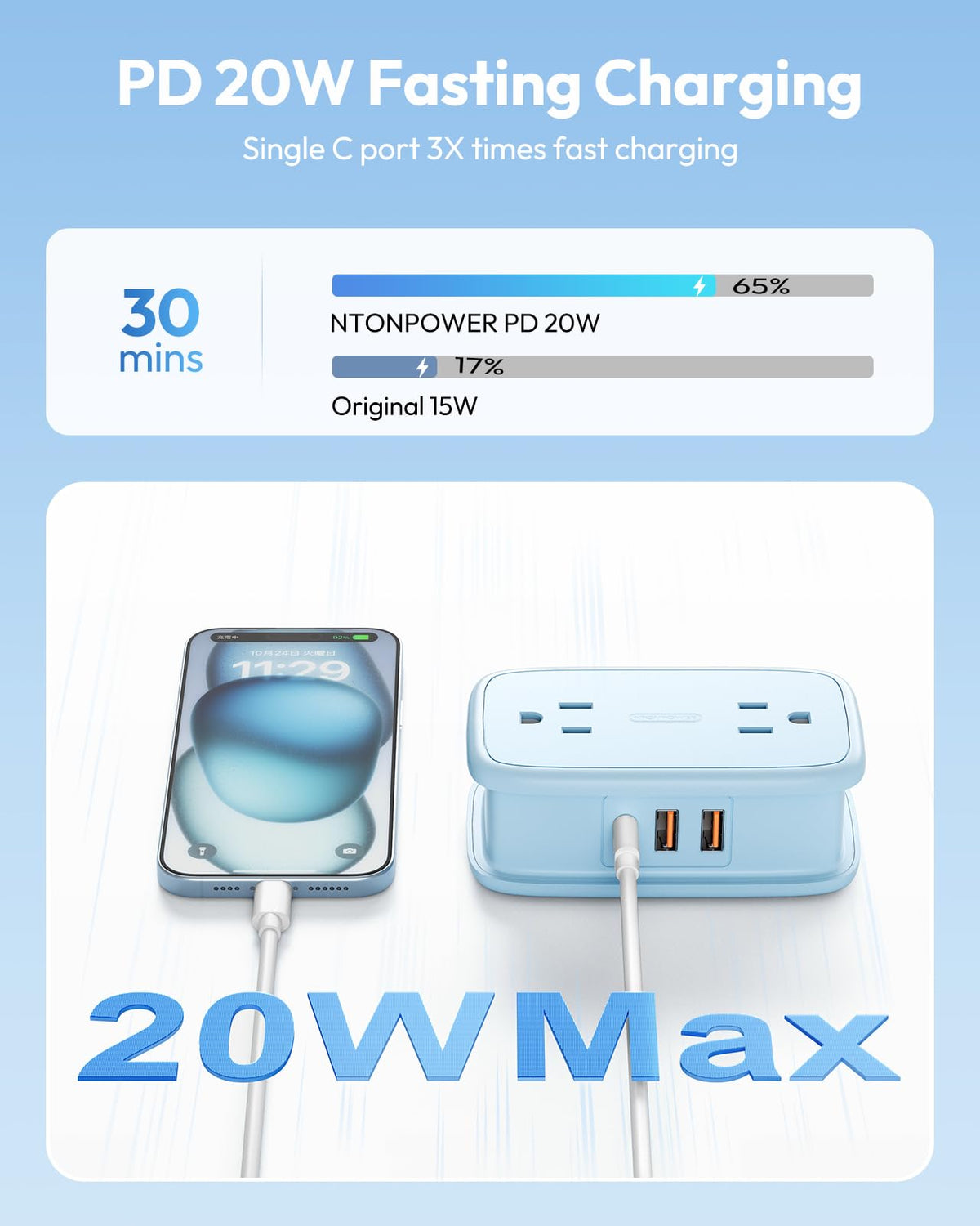 NTONPOWER blue power strip with four outlets for simultaneous devices.