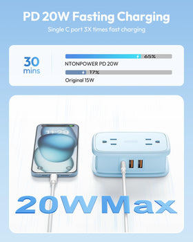 NTONPOWER blue power strip with four outlets for simultaneous devices.