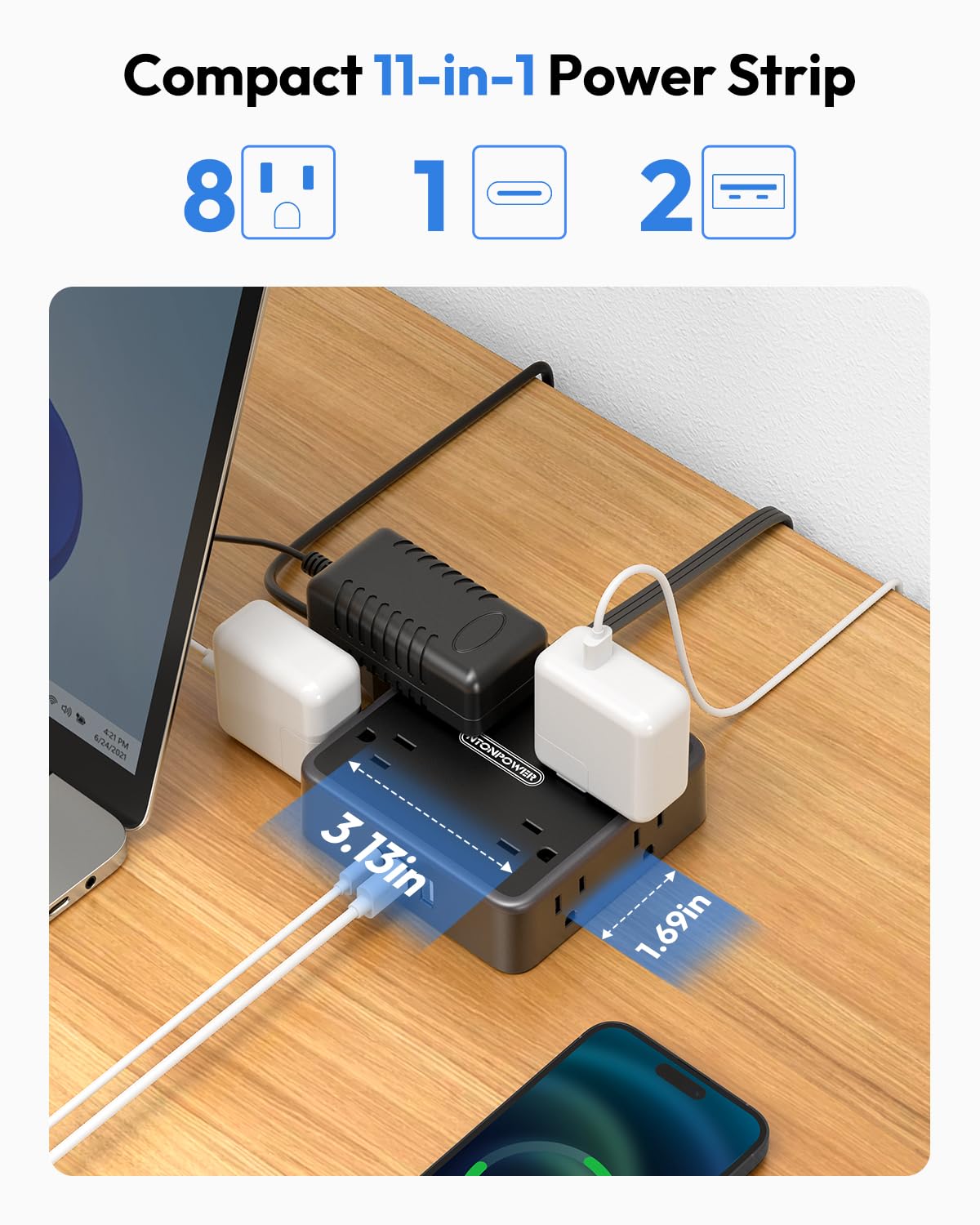 NTONPOWER close-up of wide outlet spacing, fits bulky adapters without blocking other plugs