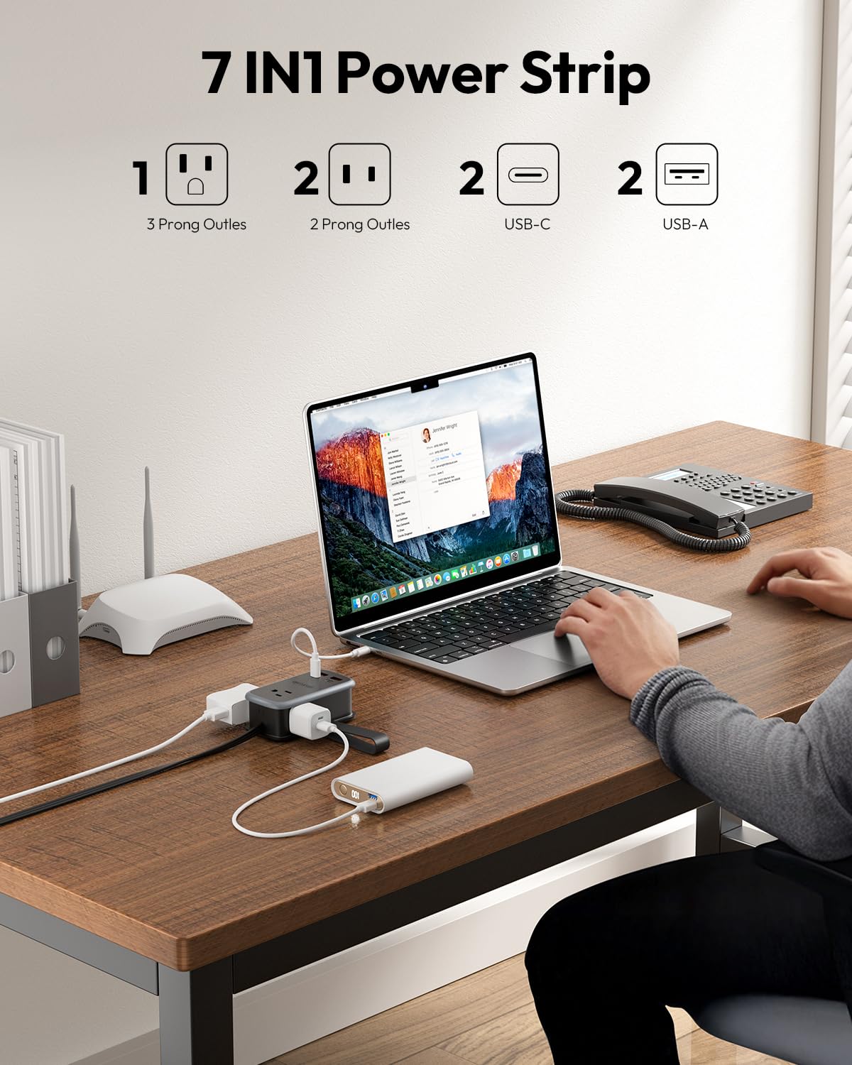 NTONPOWER close-up of three AC outlets, provides flexible plug compatibility