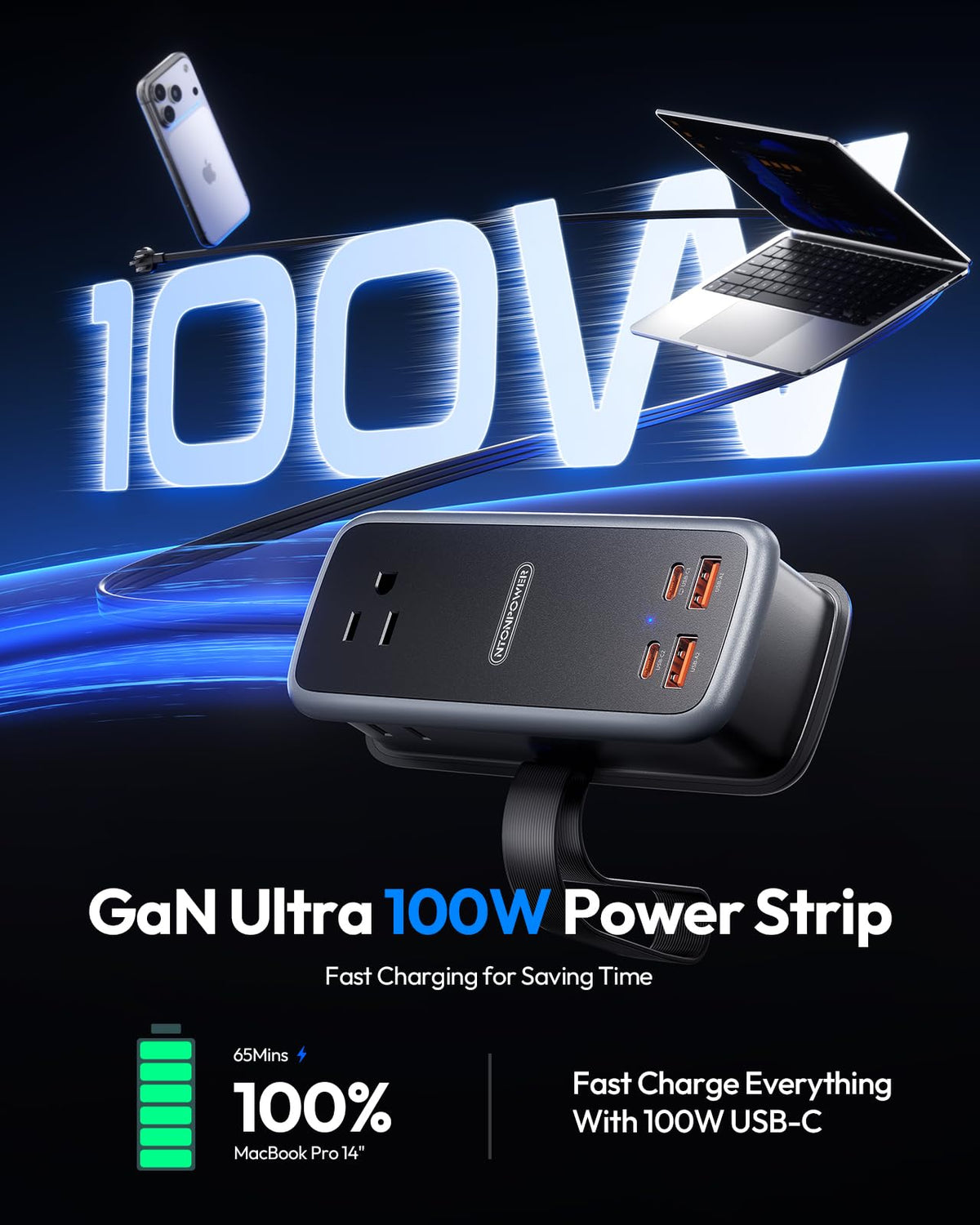 NTONPOWER closeup of USB‑C ports highlighting fast PD charging benefit