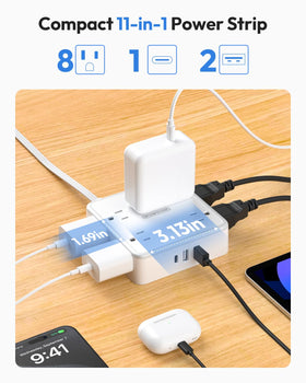 NTONPOWER close-up of widely spaced AC outlets allowing bulky adapters without blocking neighbors
