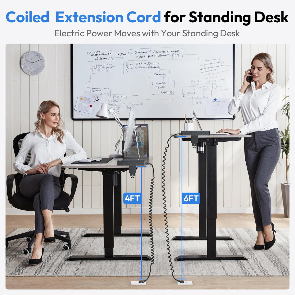 NTONPOWER coiled cord stretched to desk height securing cable management
