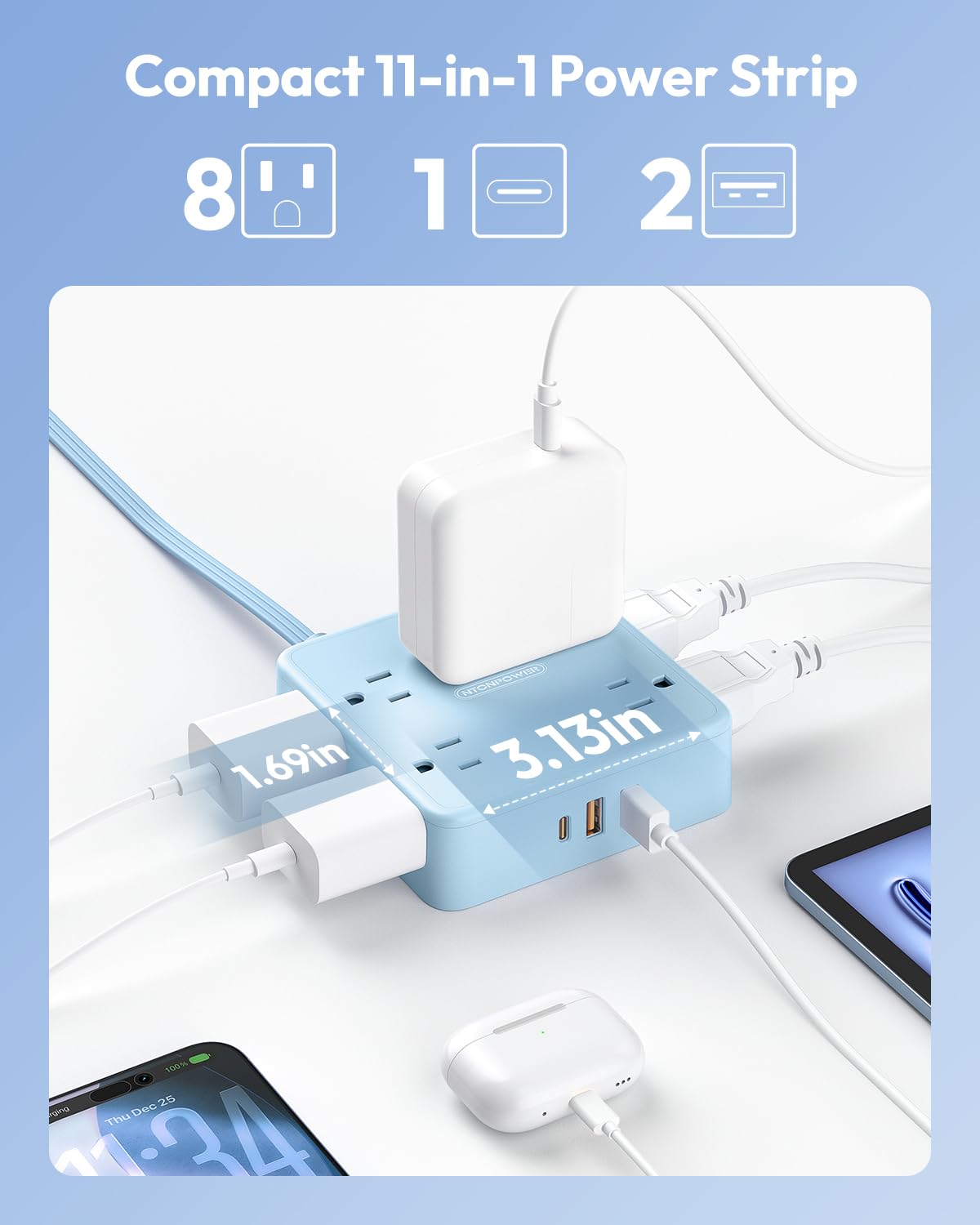 NTONPOWER compact 8-outlet power strip cube saves desk space.