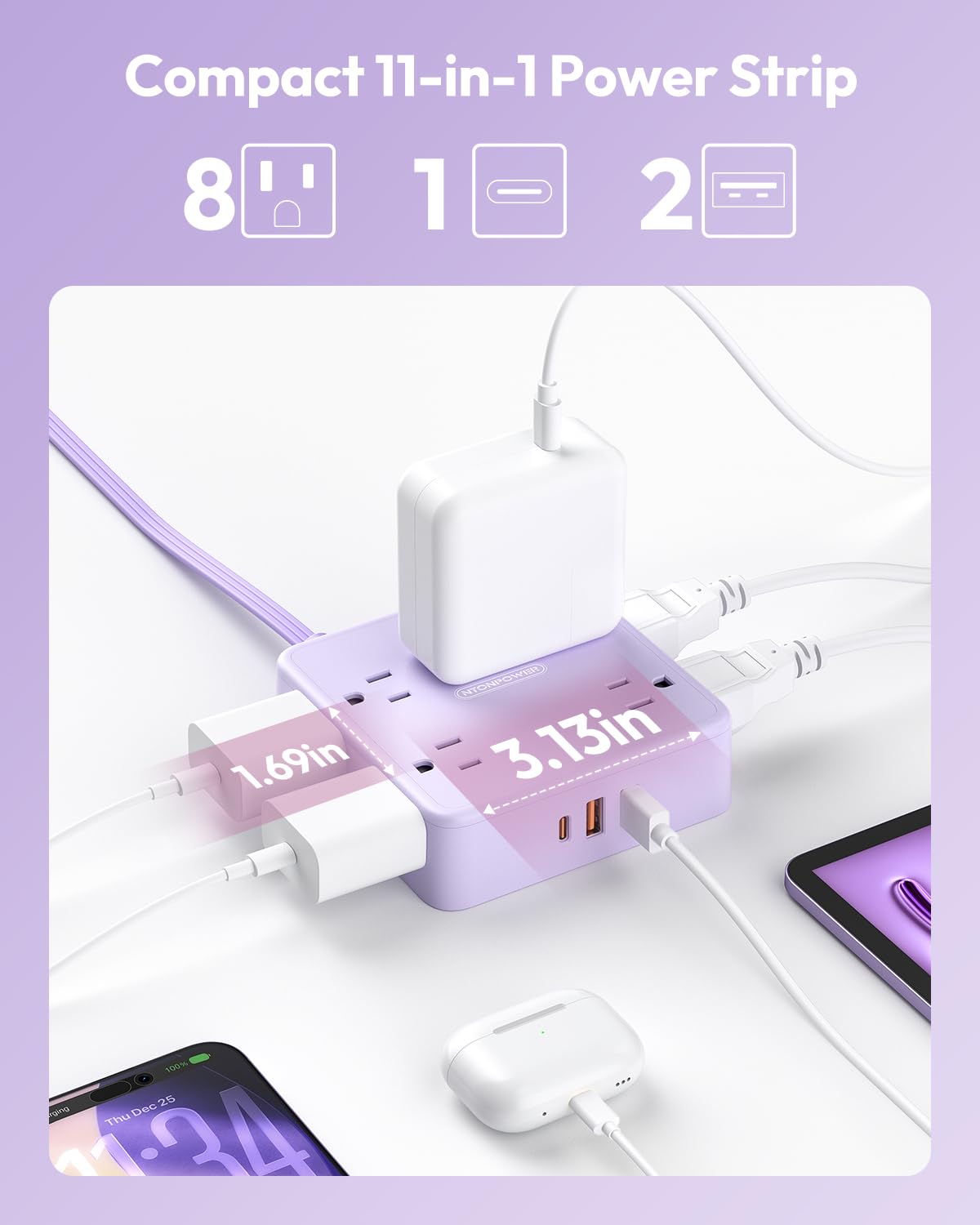 NTONPOWER compact power block with 8 outlets and 3 USB ports on a desk.