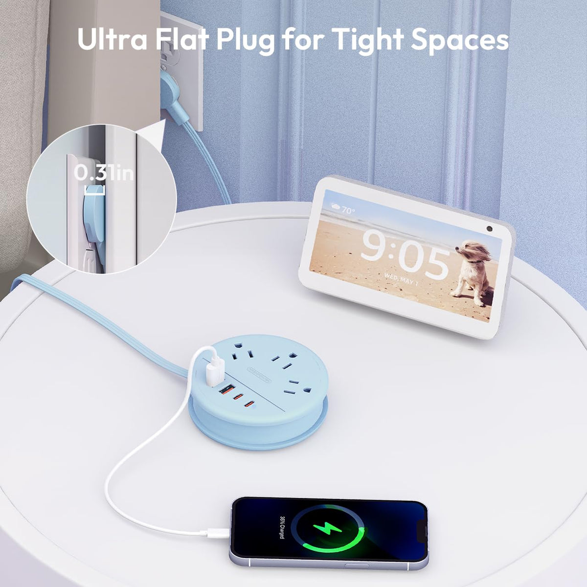 NTONPOWER compact power strip illustrating 3 outlets and USB ports for travel.