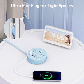 NTONPOWER compact power strip illustrating 3 outlets and USB ports for travel.