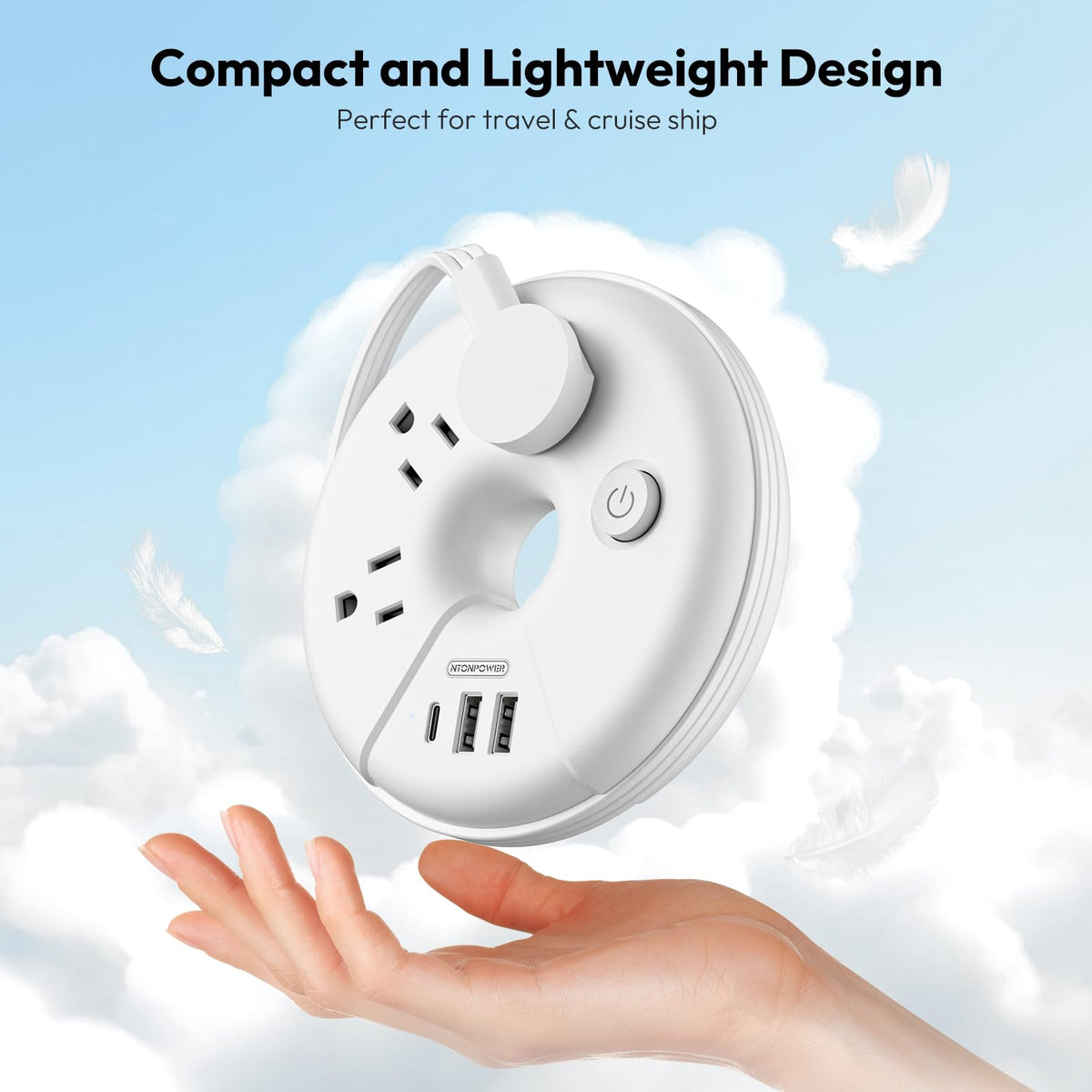NTONPOWER cruise approved power strip with three outlets and USB-C for abroad charging