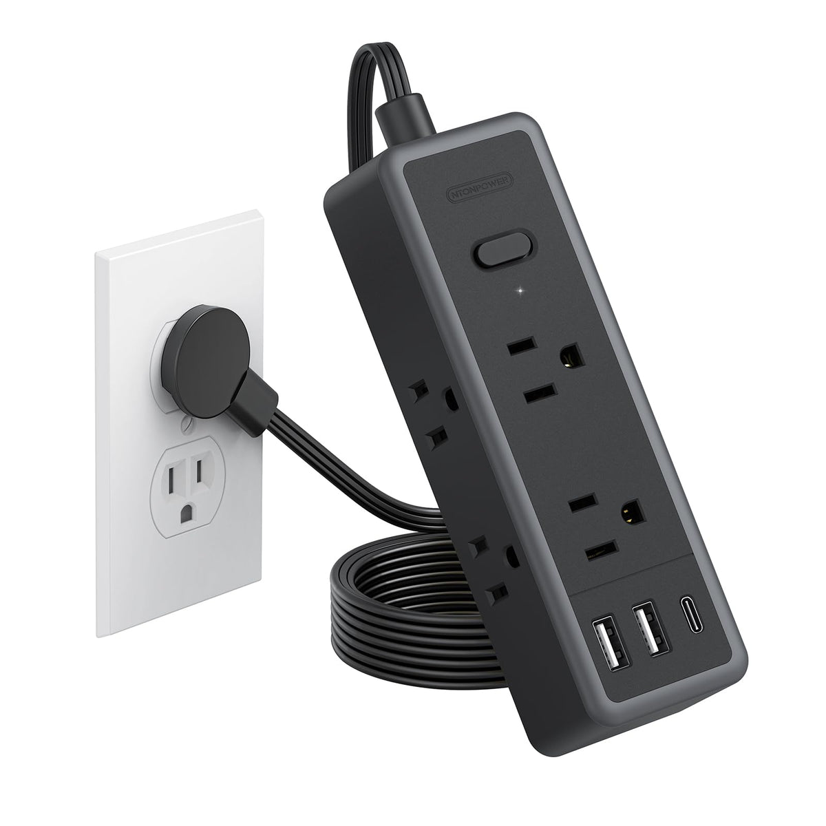 NTONPOWER extension cord 5 ft flat design hides behind furniture for neater rooms.
