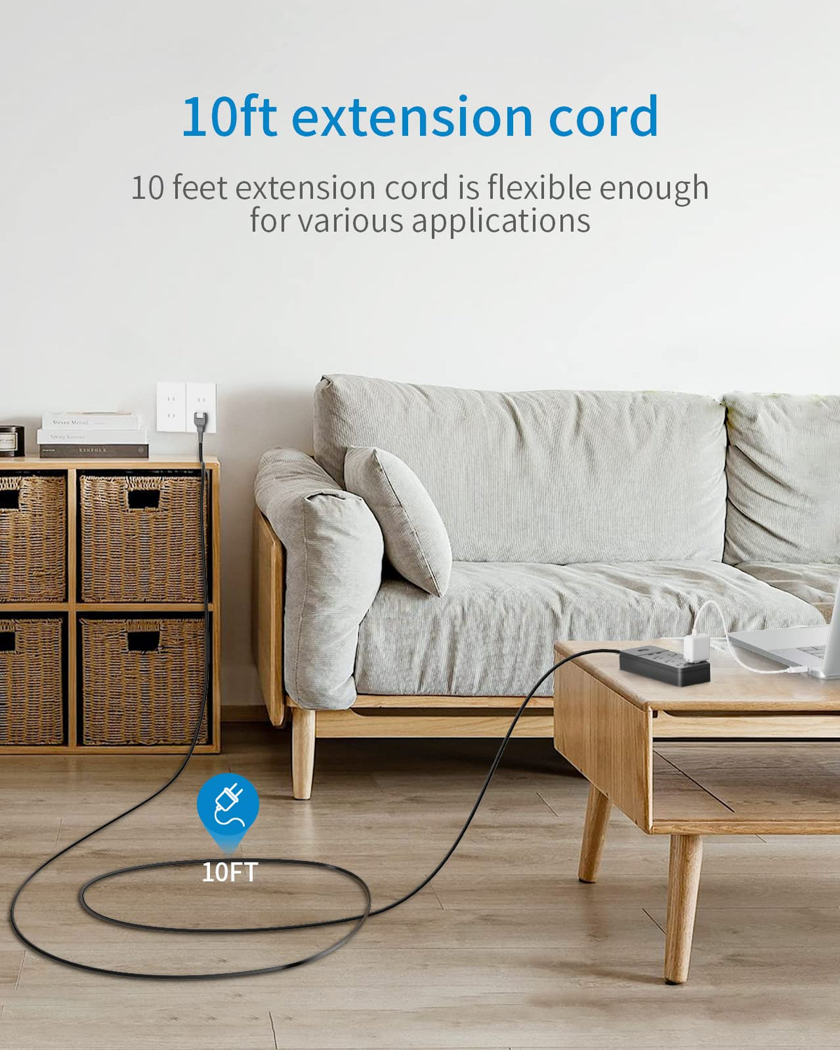 NTONPOWER 10ft flat cord laid out offering long reach and concealed routing benefits