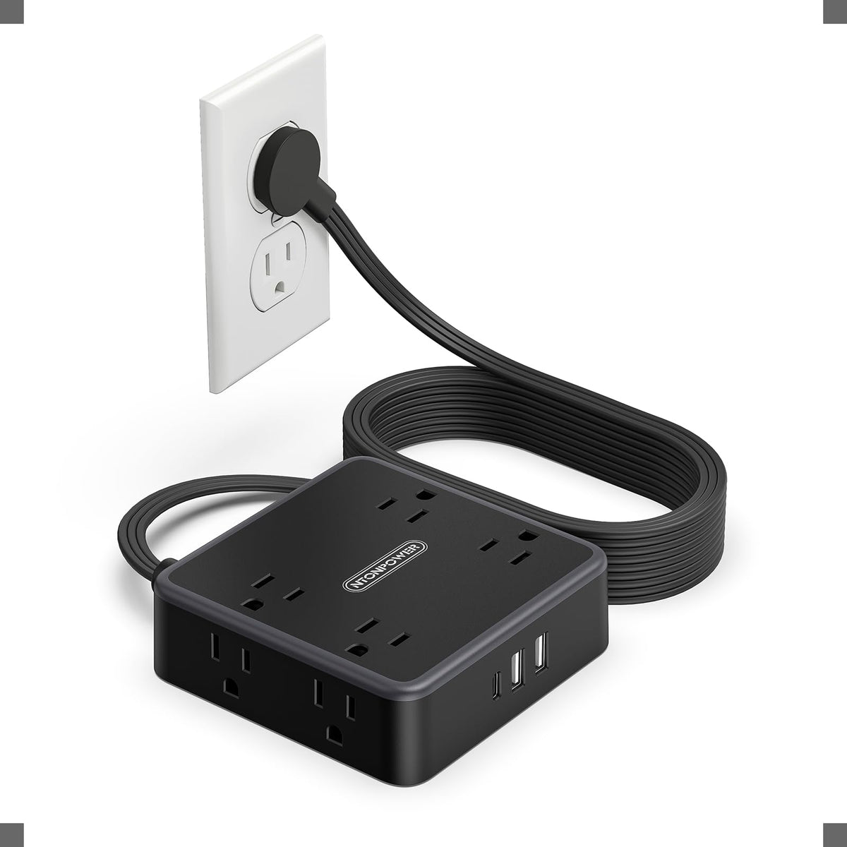 NTONPOWER front view of power cube showing eight outlets and compact design, saves desk space