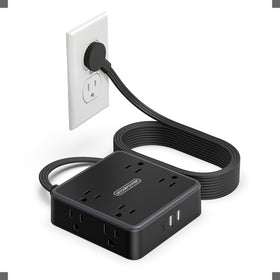 NTONPOWER front view of power cube showing eight outlets and compact design, saves desk space