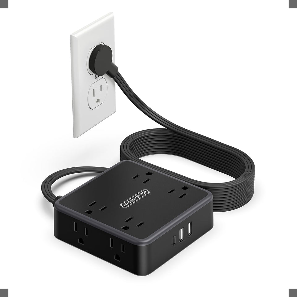 NTONPOWER front view of power cube showing eight outlets and compact design, saves desk space