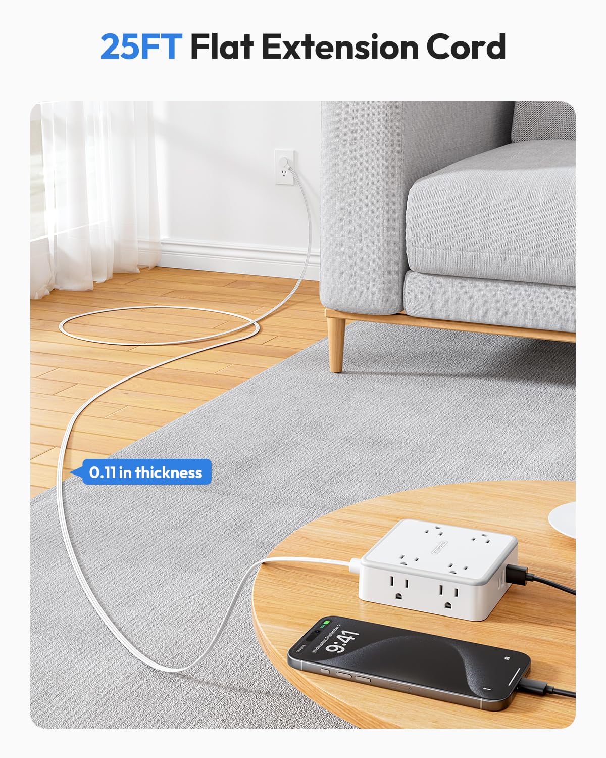 NTONPOWER flat 25ft cord sliding under a door for discreet cable routing and flexibility