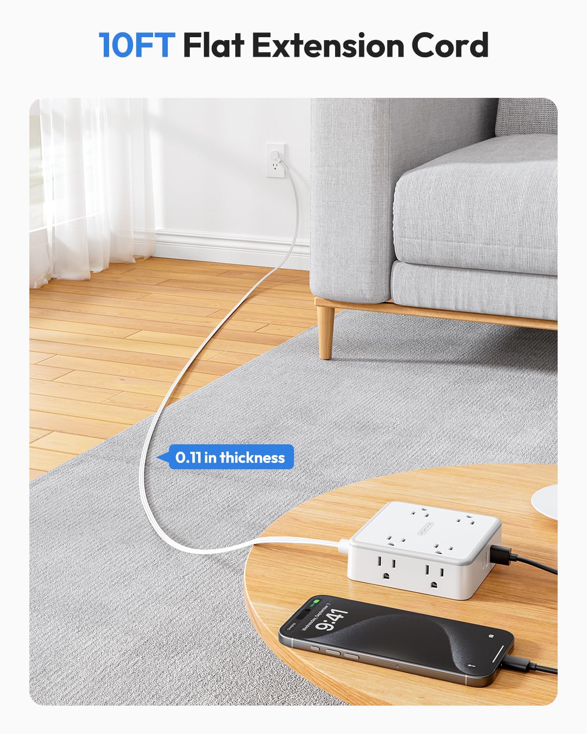 NTONPOWER flat cord threaded under door preventing trip hazards and visible wires