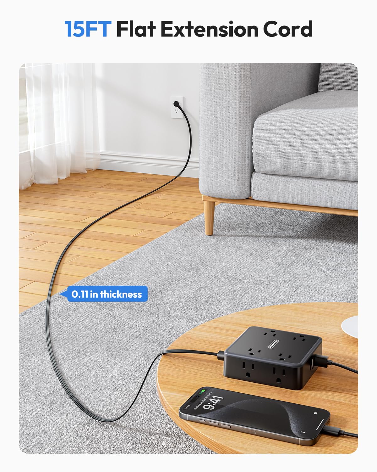 NTONPOWER flat 15ft cord tucked under a door, providing discreet cable routing and reach