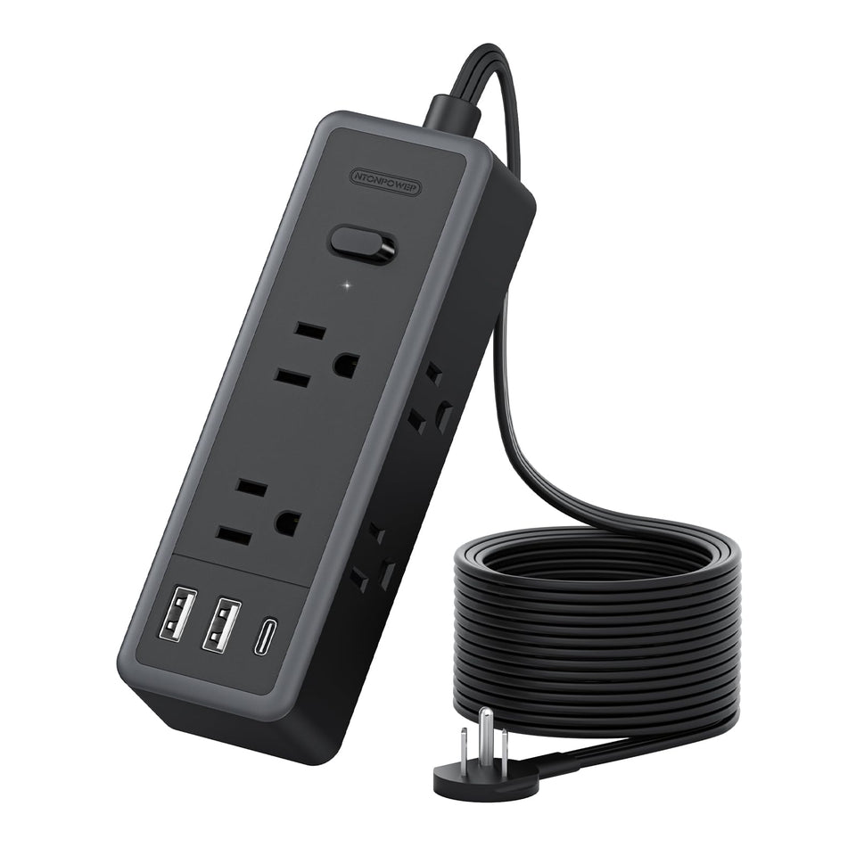 NTONPOWER flat extension cord 10 ft shown, easy reach and discreet behind furniture.