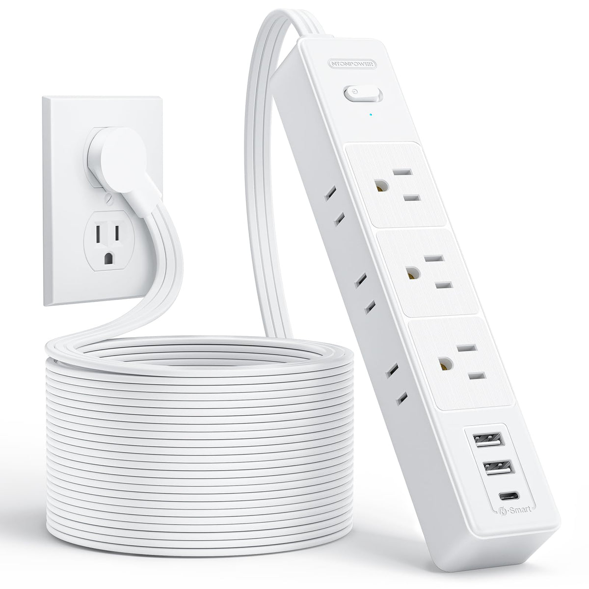 NTONPOWER flat extension cord stretches to reach distant outlets for a tidy workspace.